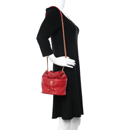 Chanel Caviar Suede Quilted Drawstring Bucket Bag Dark Red 2 of 10