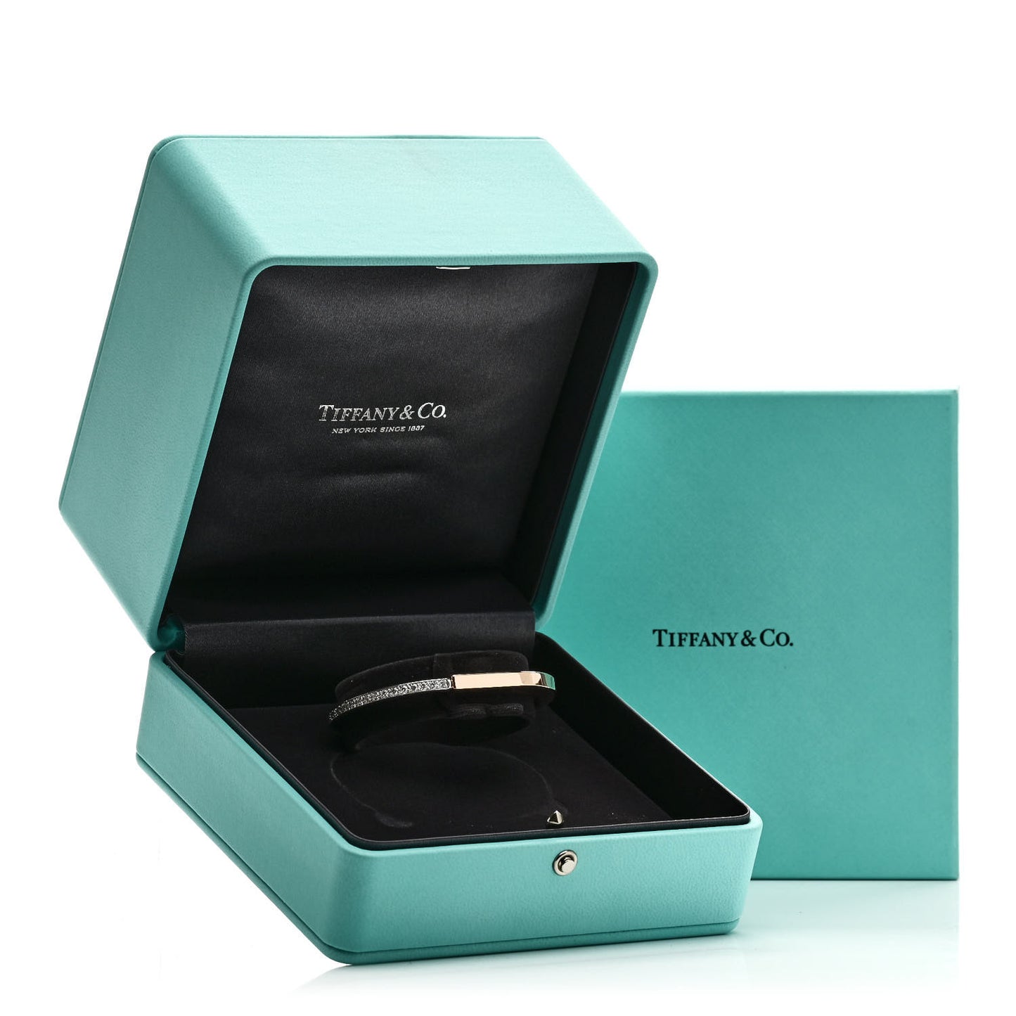 18K Rose White Gold Diamond Tiffany Lock Half Pave Bangle Bracelet