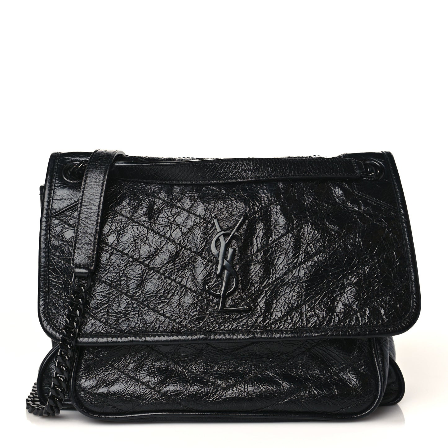 Crinkled Calfskin Matelasse Monogram Medium Niki Chain Satchel Black