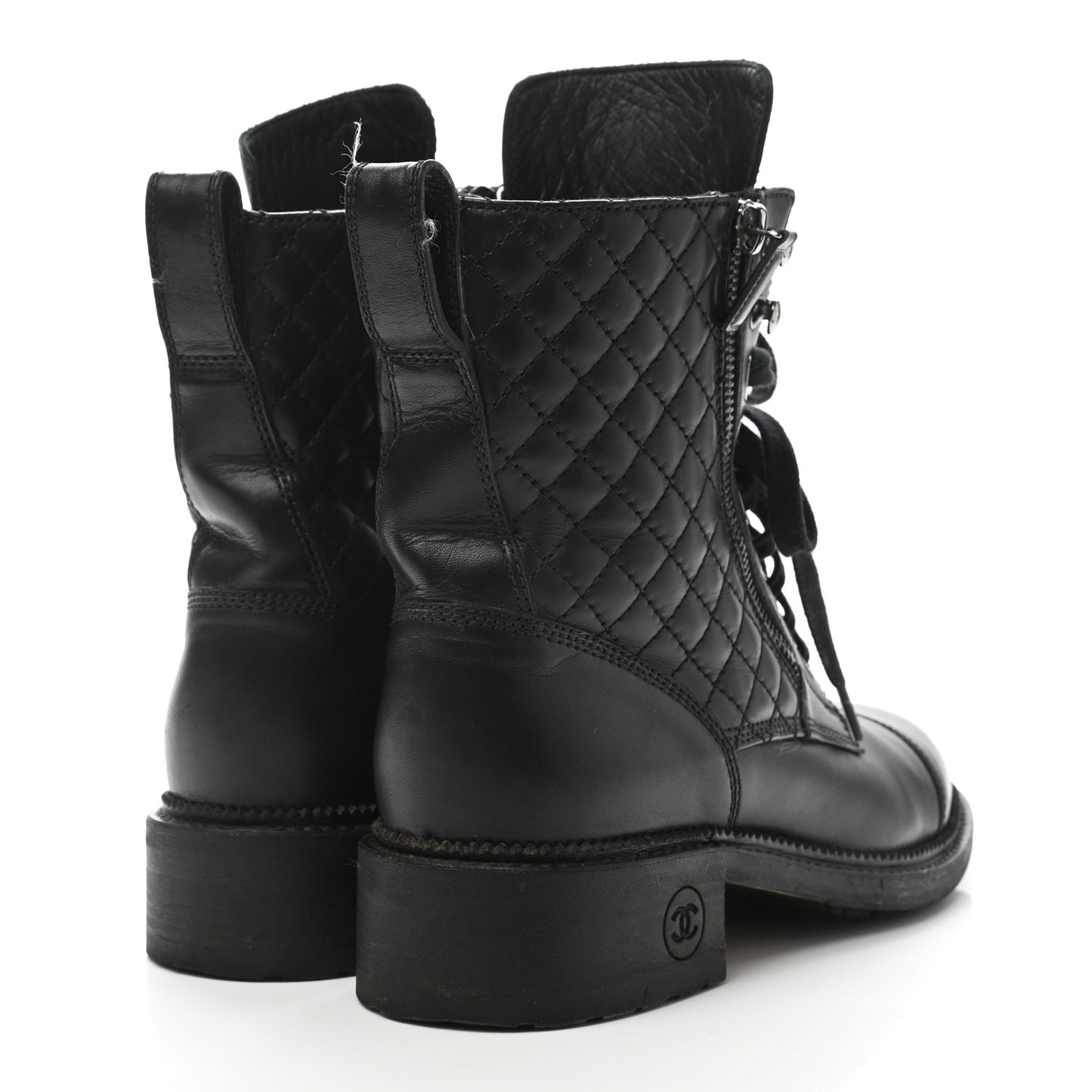 Calfskin Quilted Lace Up Combat Boots 39 Black