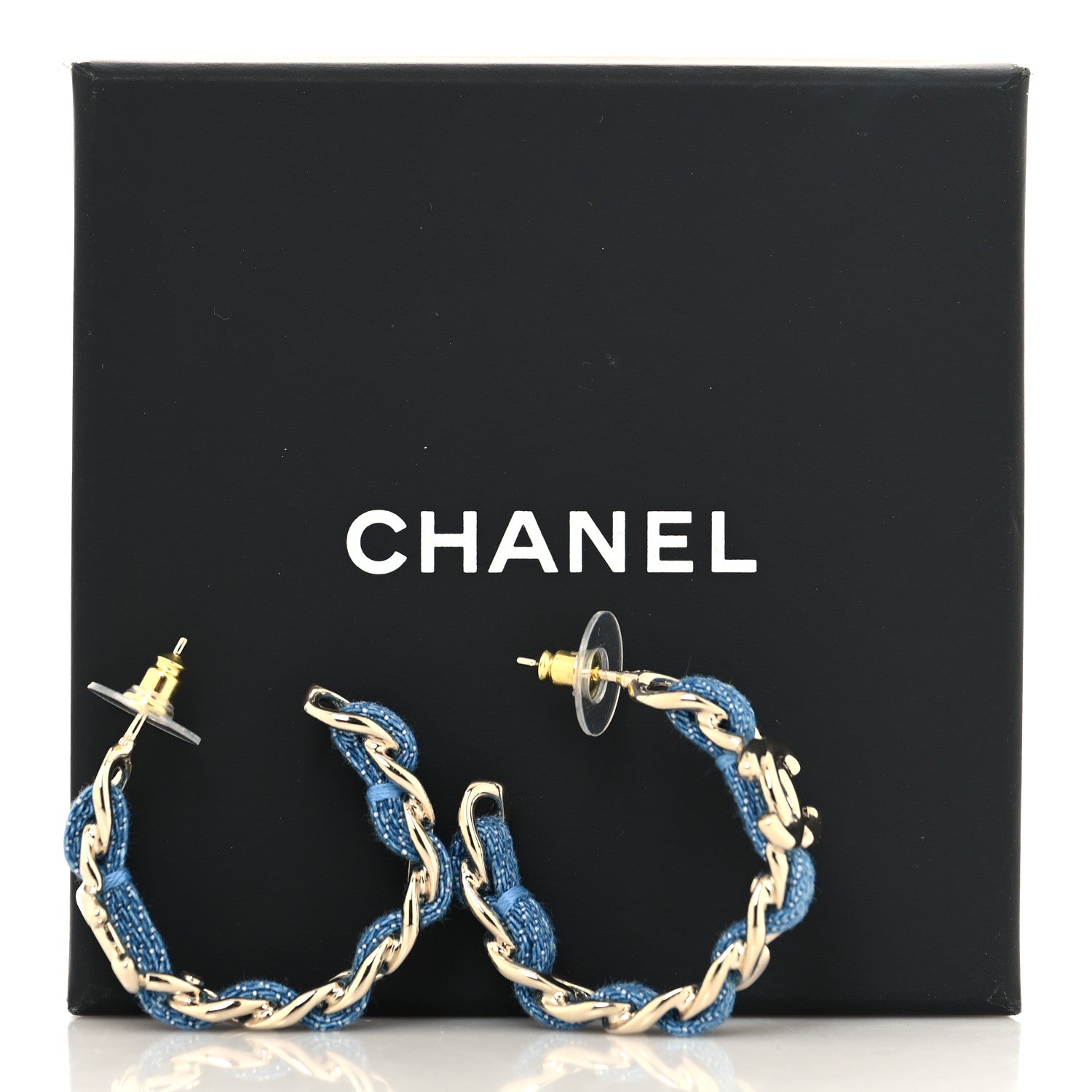 Chanel Metal Denim CC Chain Hoop Earrings Gold Blue 10 of 10