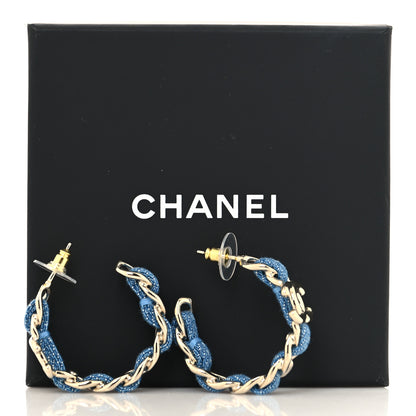 Chanel Metal Denim CC Chain Hoop Earrings Gold Blue 10 of 10