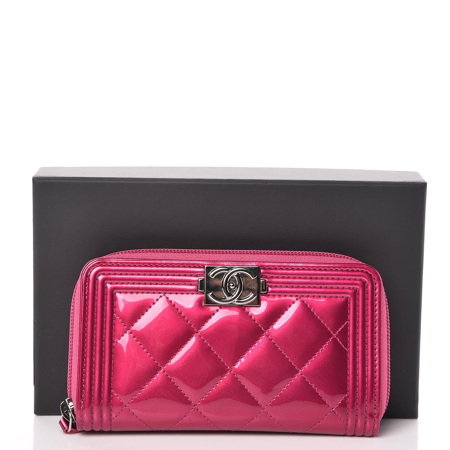Chanel Metallic Patent Quilted Boy Zip Around Wallet Fuchsia 10 of 10
