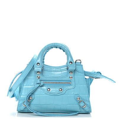 Balenciaga Calfskin Crocodile Embossed Neo Classic Silver Hardware Nano City Crossbody Azur 1 of 14