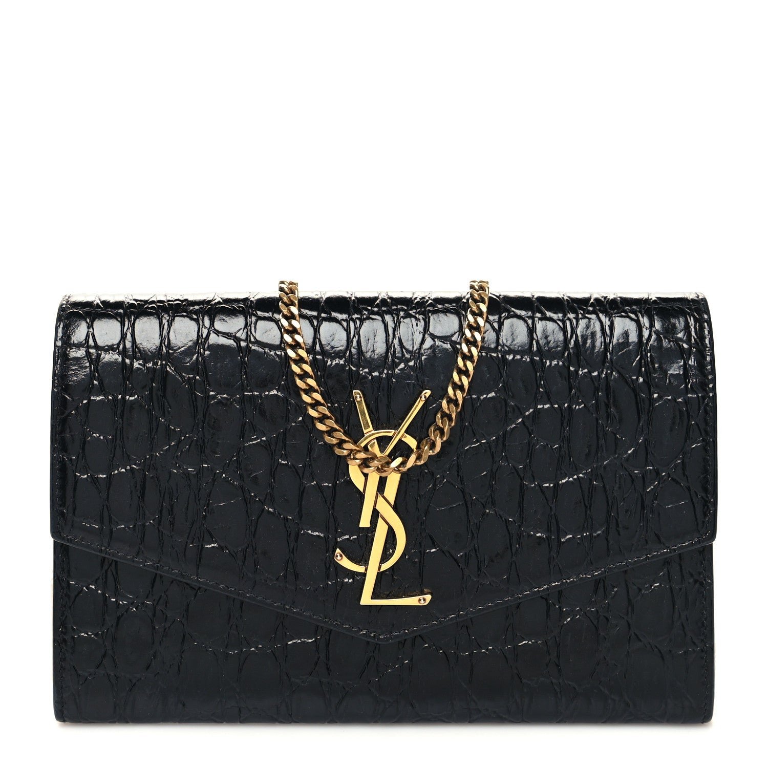 Saint Laurent Calfskin Crocodile Embossed Monogram Uptown Chain Wallet Black 3 of 11