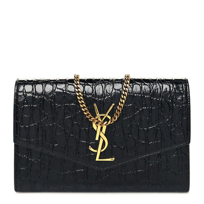 Saint Laurent Calfskin Crocodile Embossed Monogram Uptown Chain Wallet Black 3 of 11