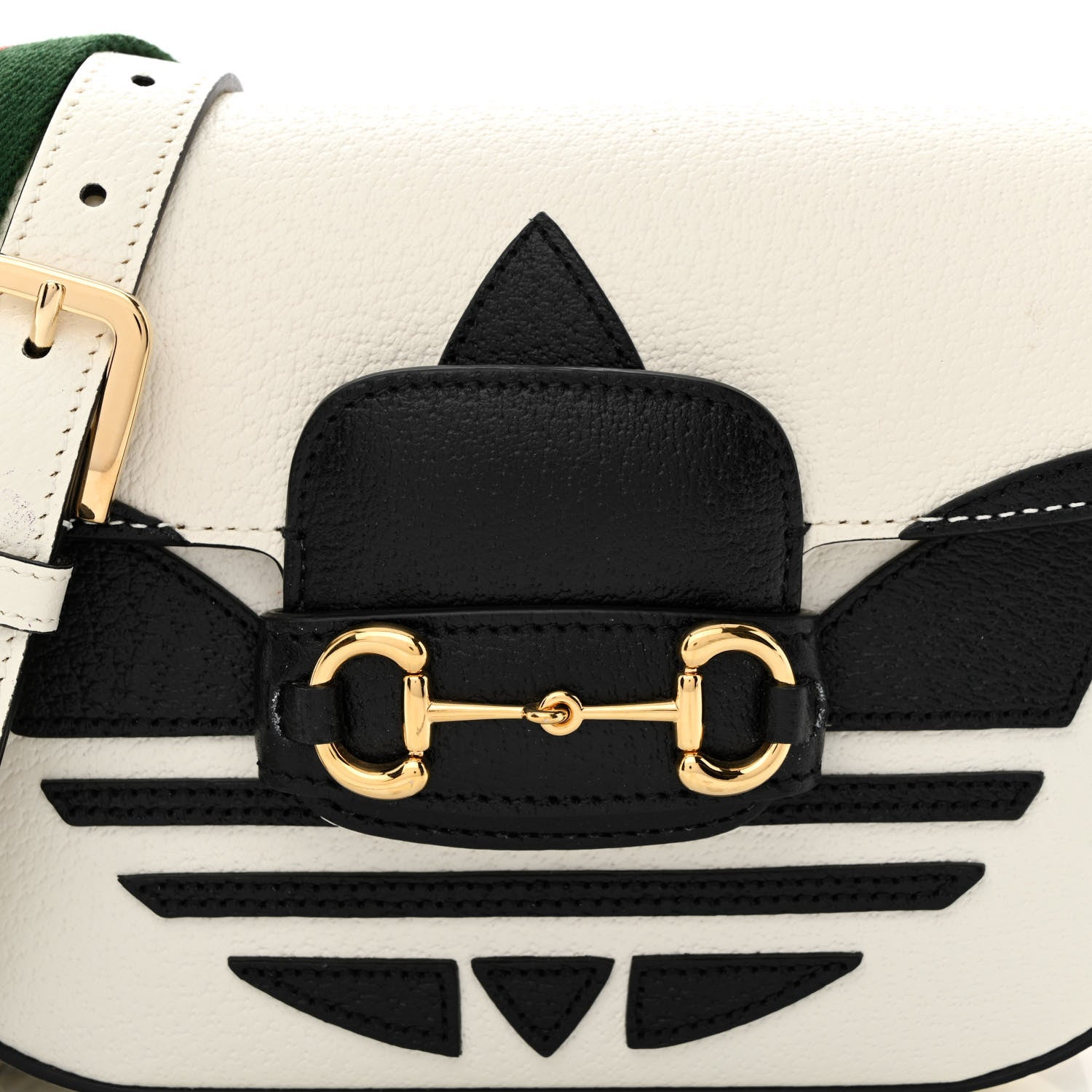 Gucci X ADIDAS Textured Dollar Calfskin Web Trefoil Mini Horsebit 1955 Shoulder Bag Off White Black 8 of 9