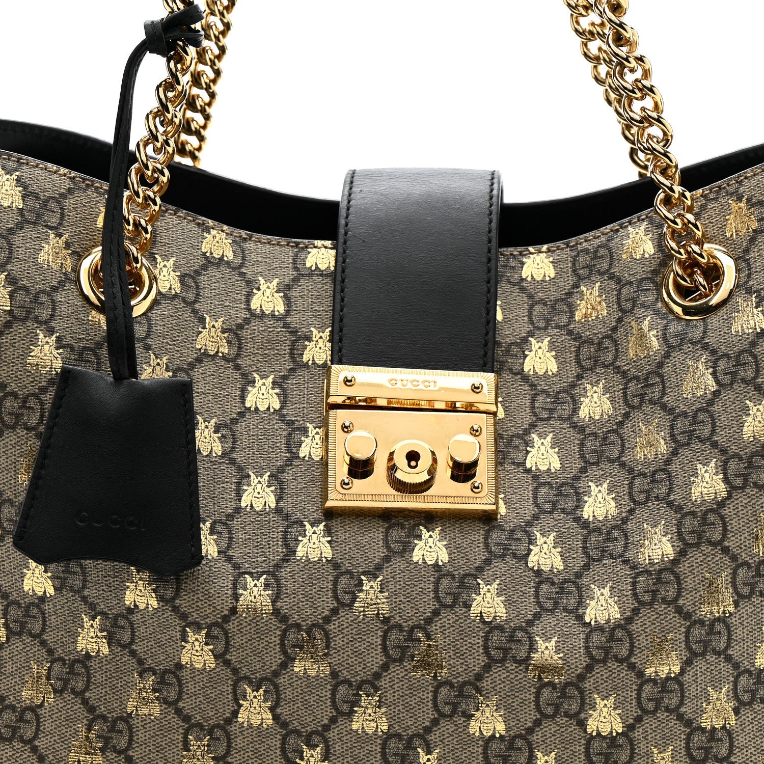 Gucci GG Supreme Monogram Bees Medium Padlock Tote Beige Oro Black 9 of 11