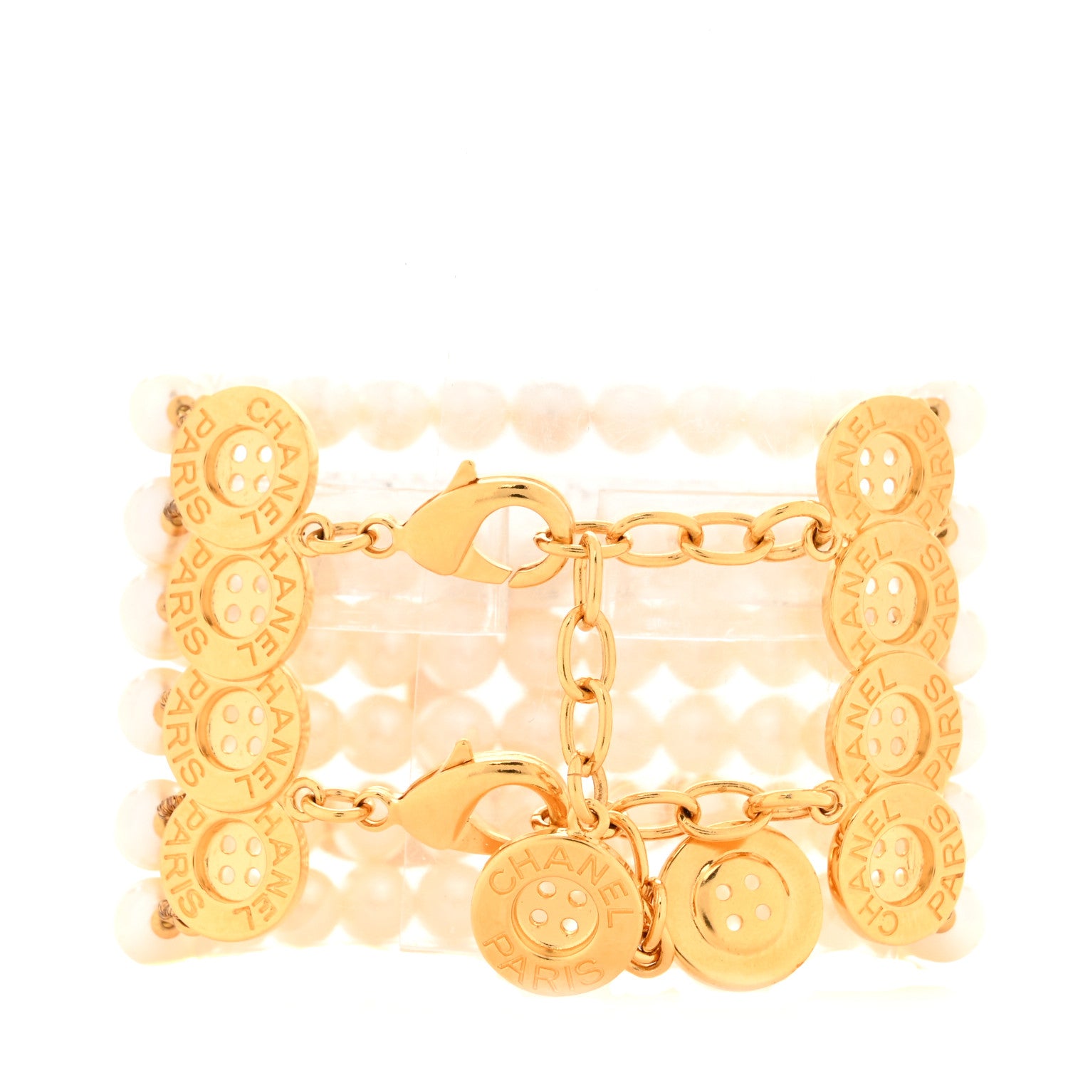 Chanel Pearl Metal CC Paris Button Multistrand Bracelet Gold White 3 of 6