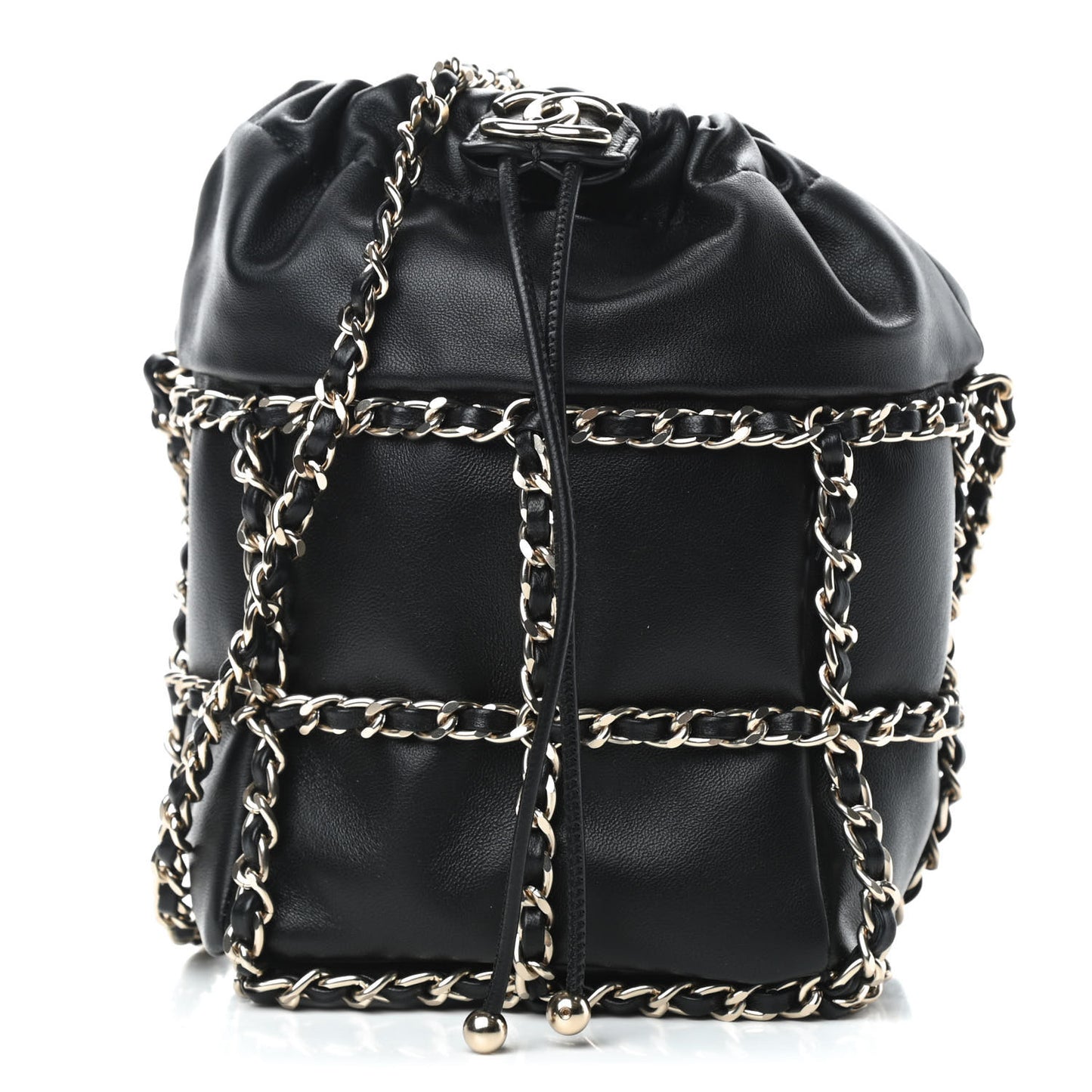 Lambskin Bucket Chain Drawstring Bag Black
