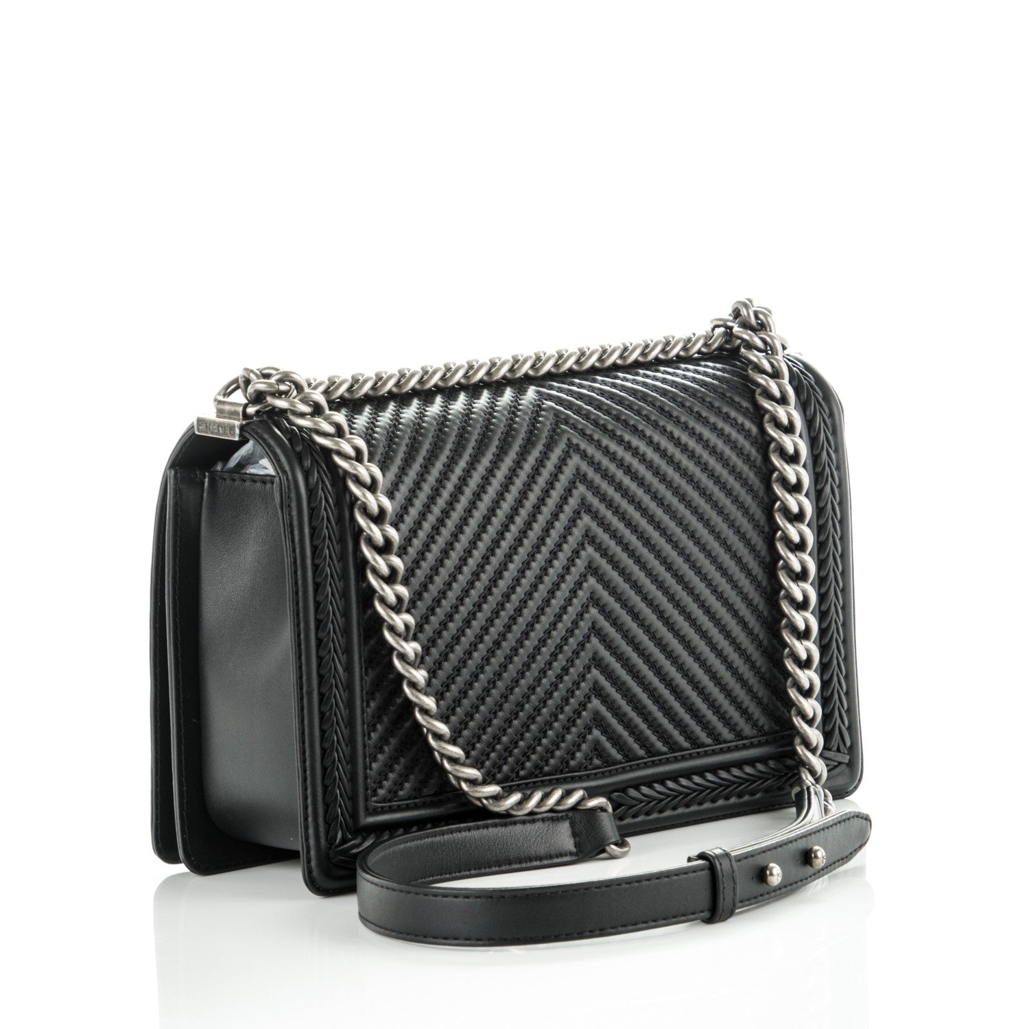 Chanel Calfskin Chevron Quilted New Medium Braided Boy Flap Black 3 of 8