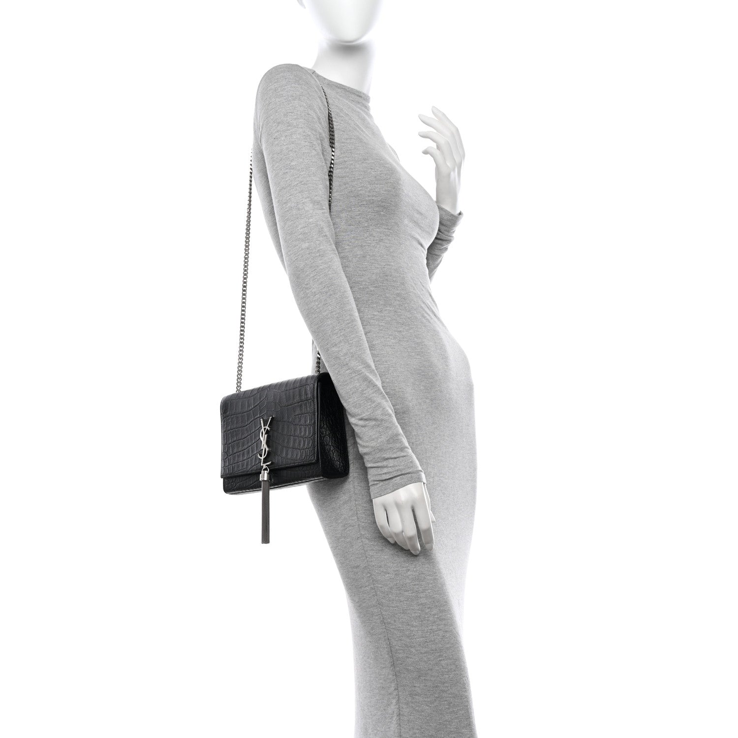 Saint Laurent Calfskin Crocodile Embossed Medium Classic Monogram Kate Tassel Satchel Black 3 of 11