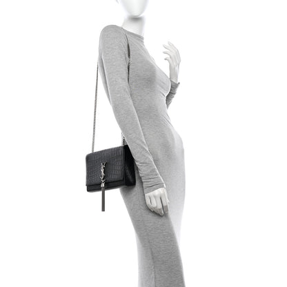 Saint Laurent Calfskin Crocodile Embossed Medium Classic Monogram Kate Tassel Satchel Black 3 of 11