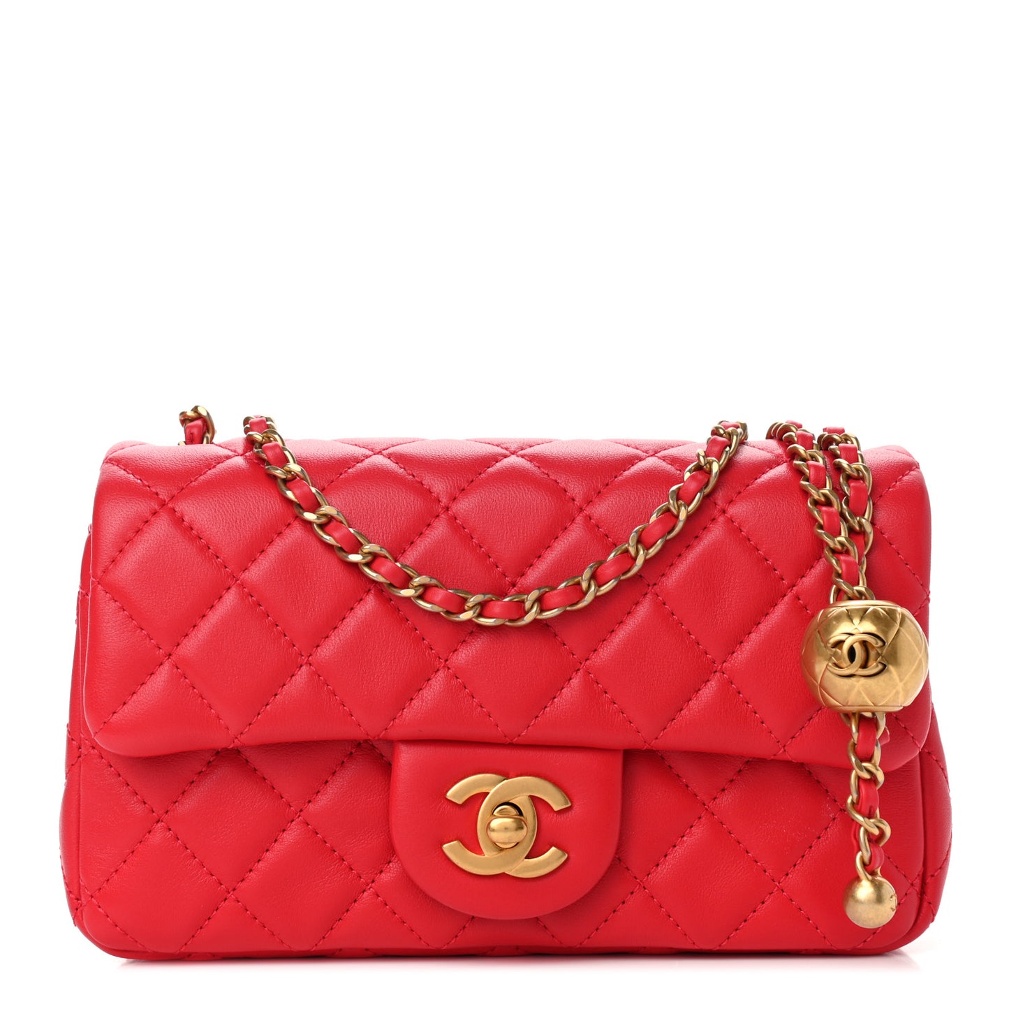Lambskin Quilted Mini Rectangular Pearl Crush Flap Red