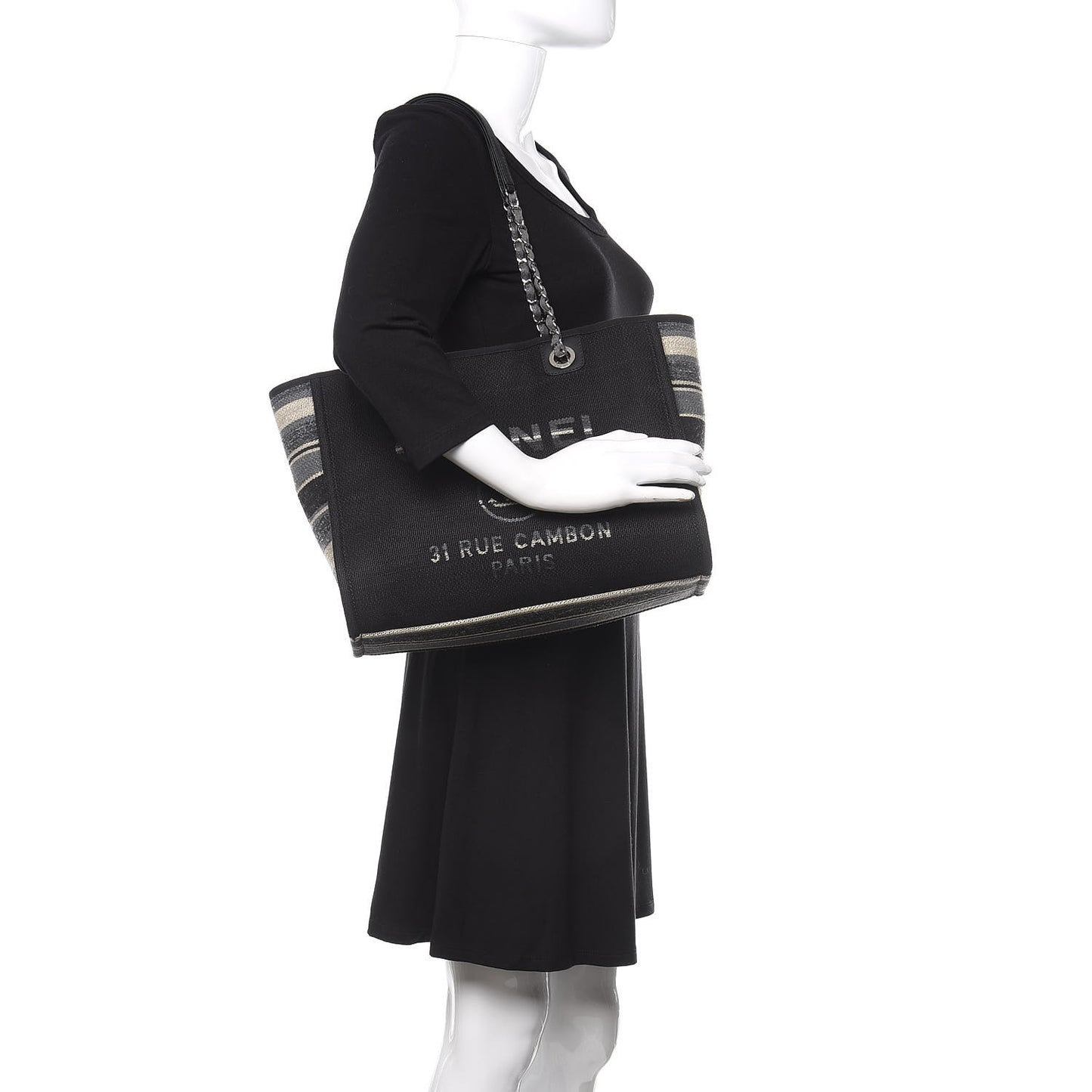 Striped Canvas Small Deauville Tote Grey Black