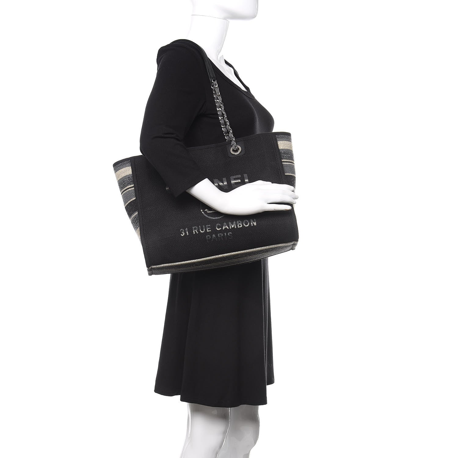 Chanel Striped Canvas Small Deauville Tote Grey Black 2 of 12