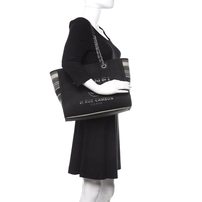 Chanel Striped Canvas Small Deauville Tote Grey Black 2 of 12