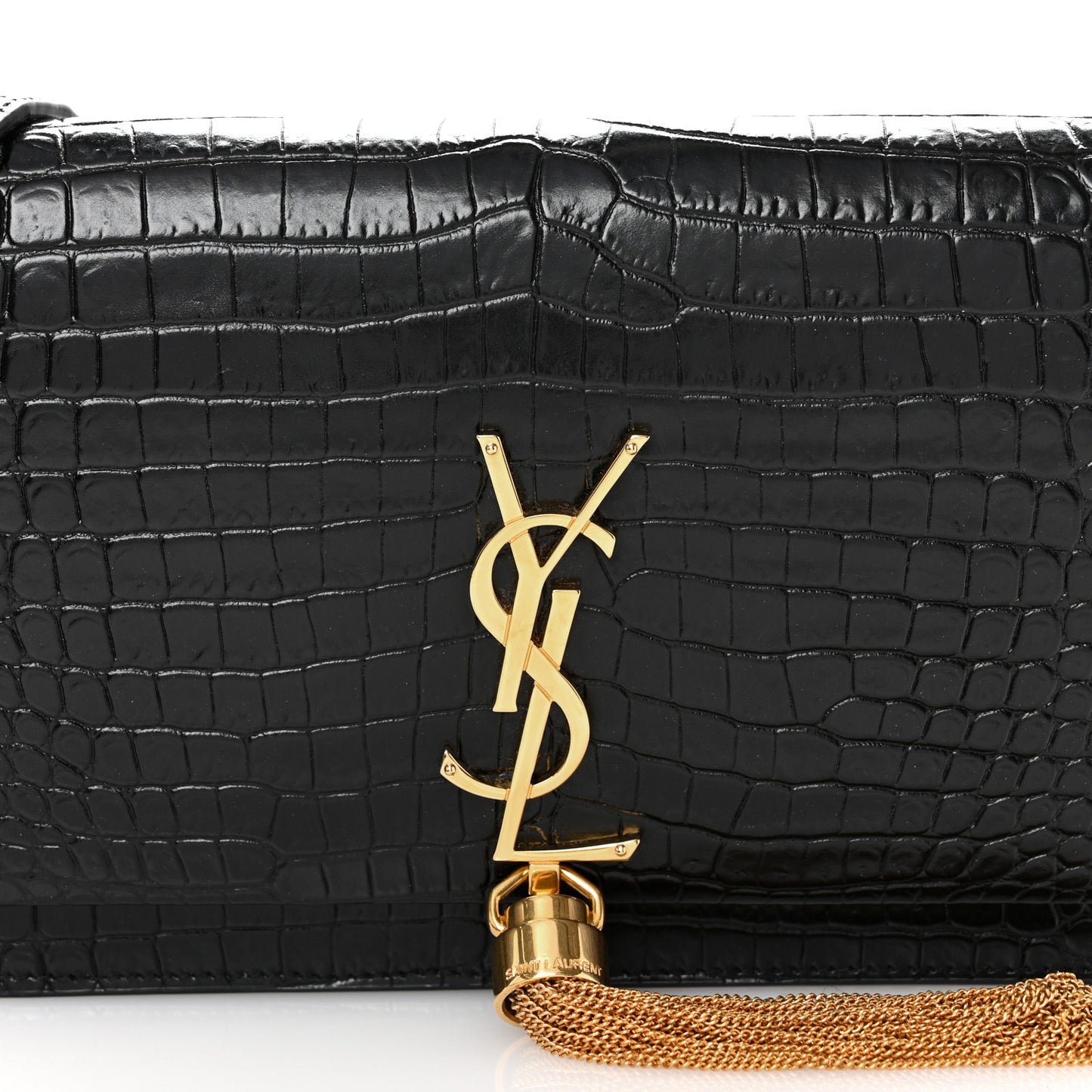 Calfskin Crocodile Embossed Kate Monogram Tassel Chain Wallet Black