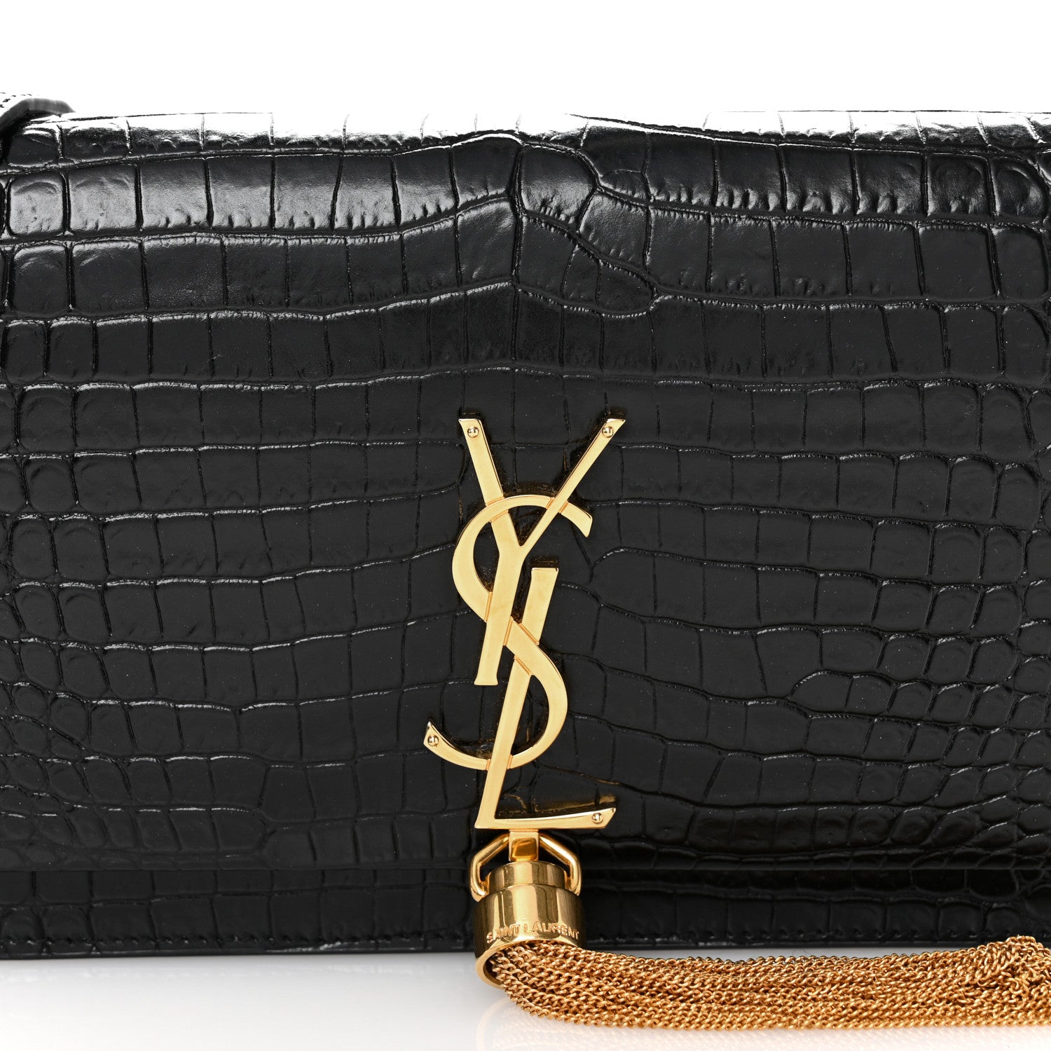 Saint Laurent Calfskin Crocodile Embossed Kate Monogram Tassel Chain Wallet Black 7 of 10