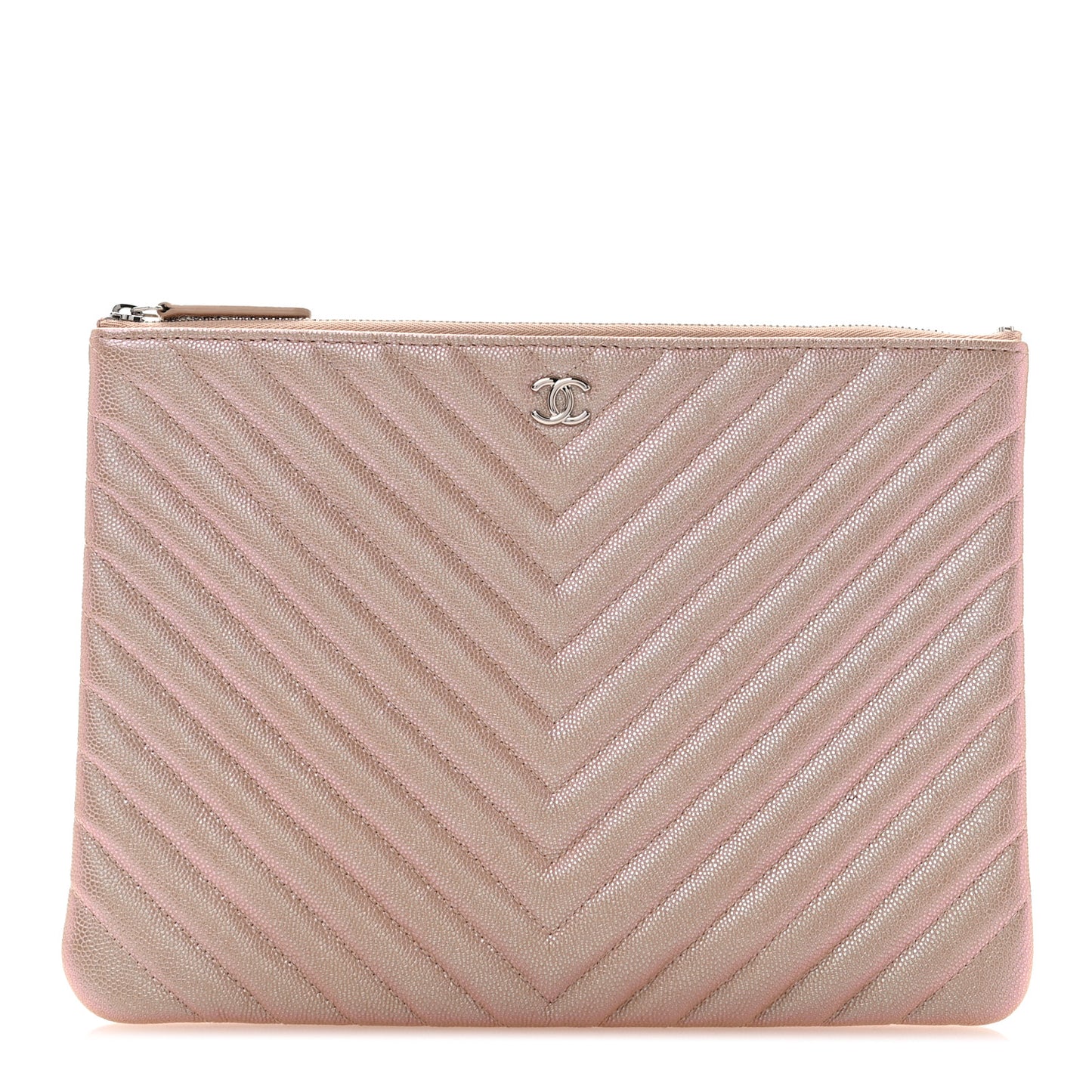 Iridescent Caviar Chevron Quilted Medium Cosmetic Case Light Gold