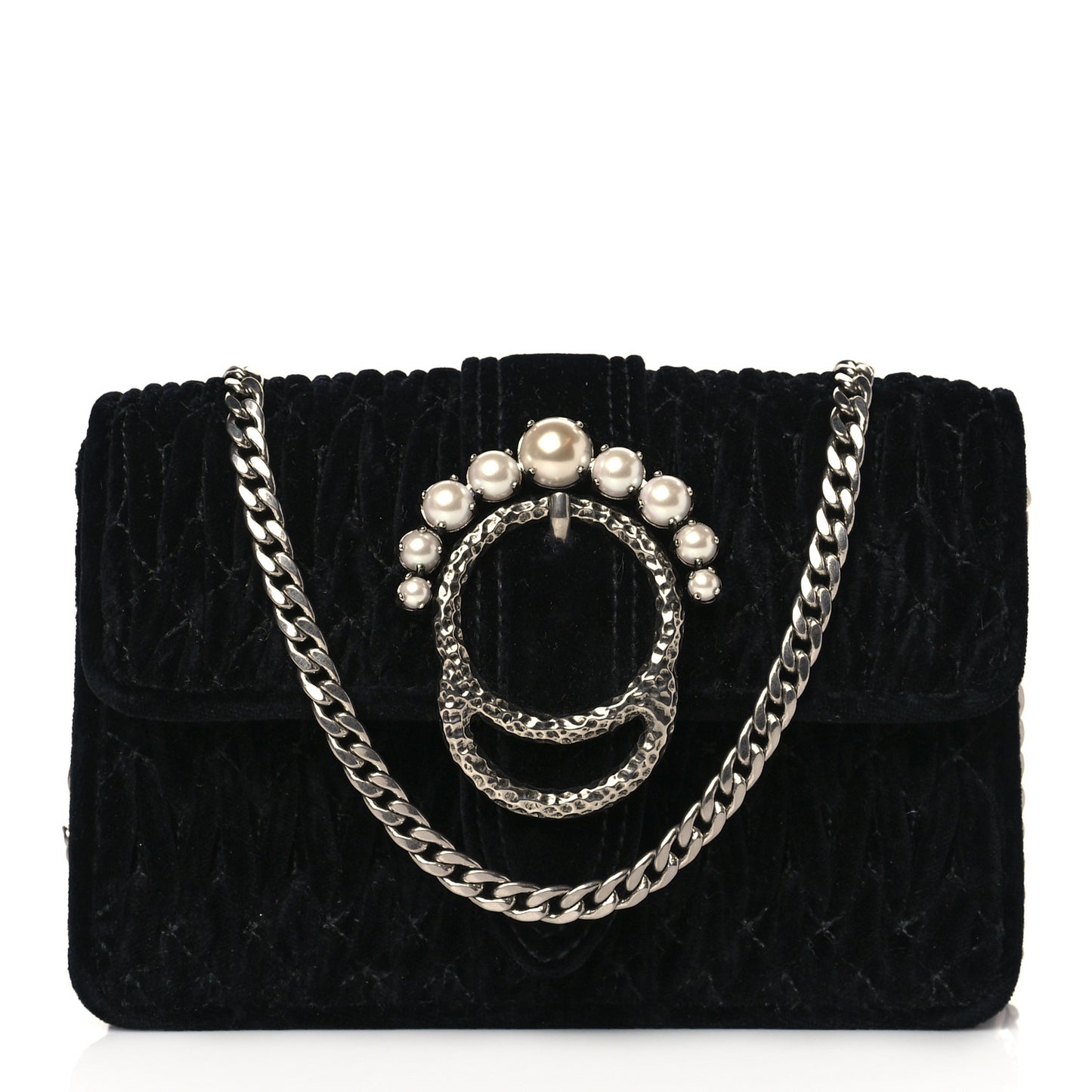 Velvet Matelasse Pearl Embellished Chain Clutch Black