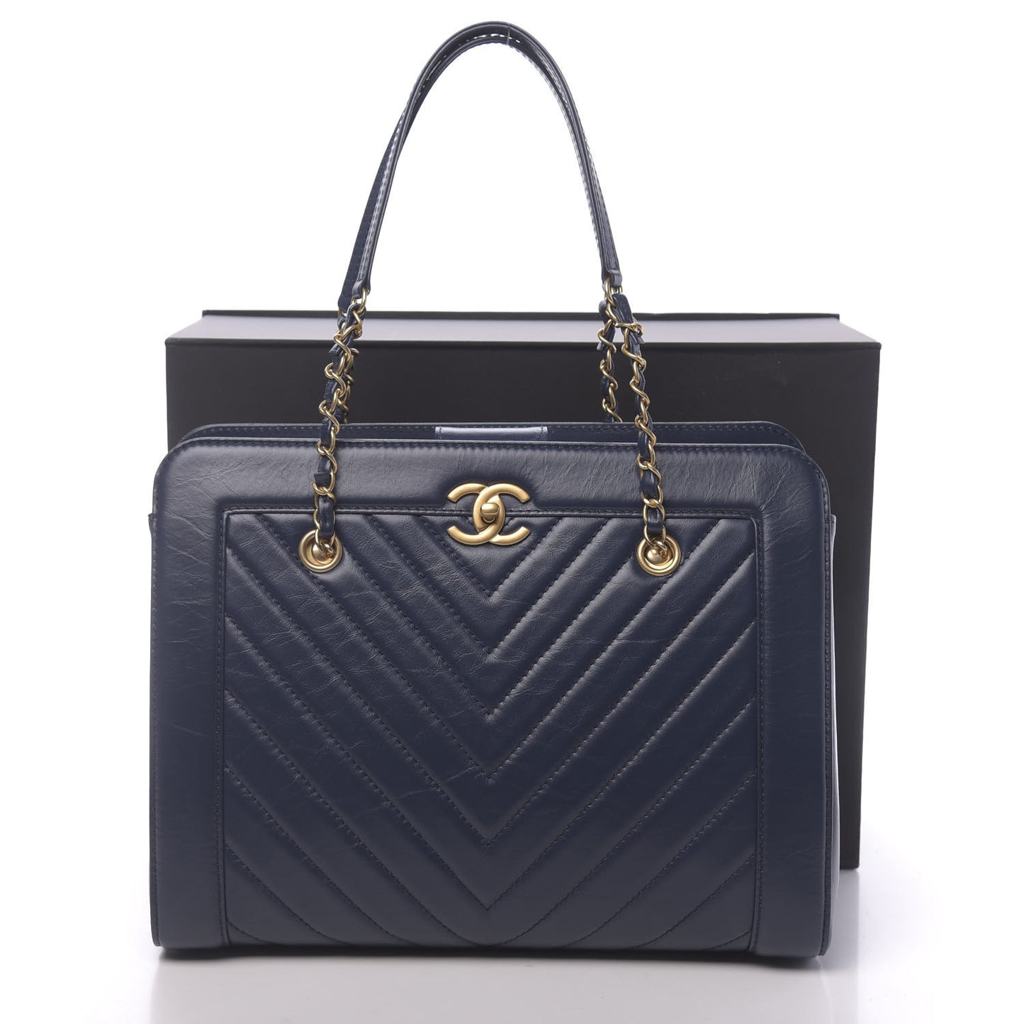 Aged Calfskin Chevron Quilted Large Shopping Tote Navy