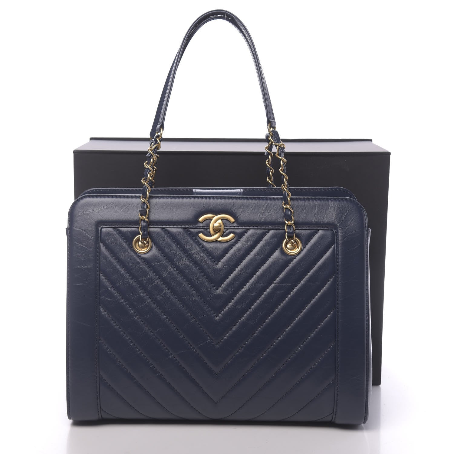 Chanel Aged Calfskin Chevron Quilted Large Shopping Tote Navy 11 of 11