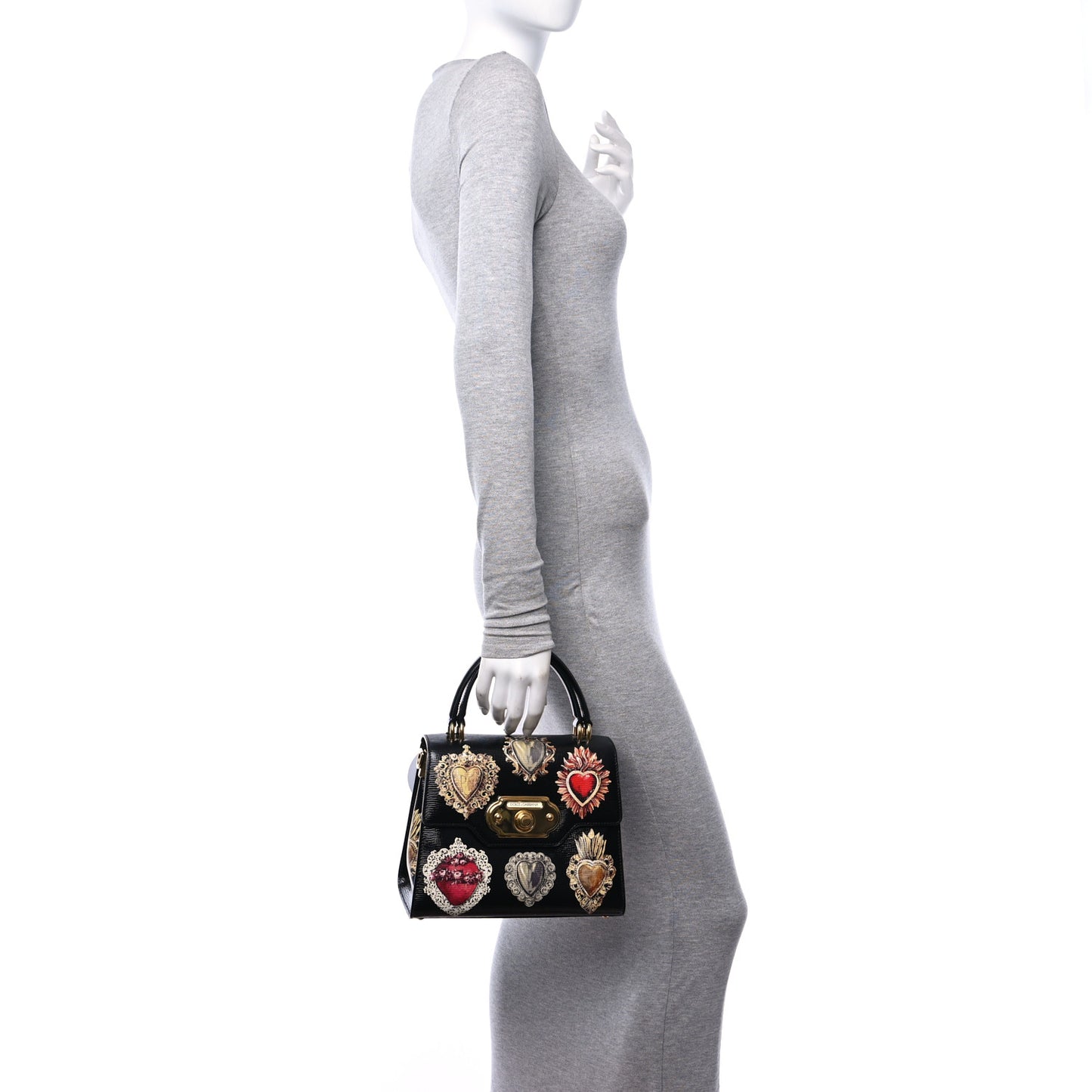 DOLCE GABBANA Grained Calfskin Heart Printed Welcome Satchel Black Multicolor