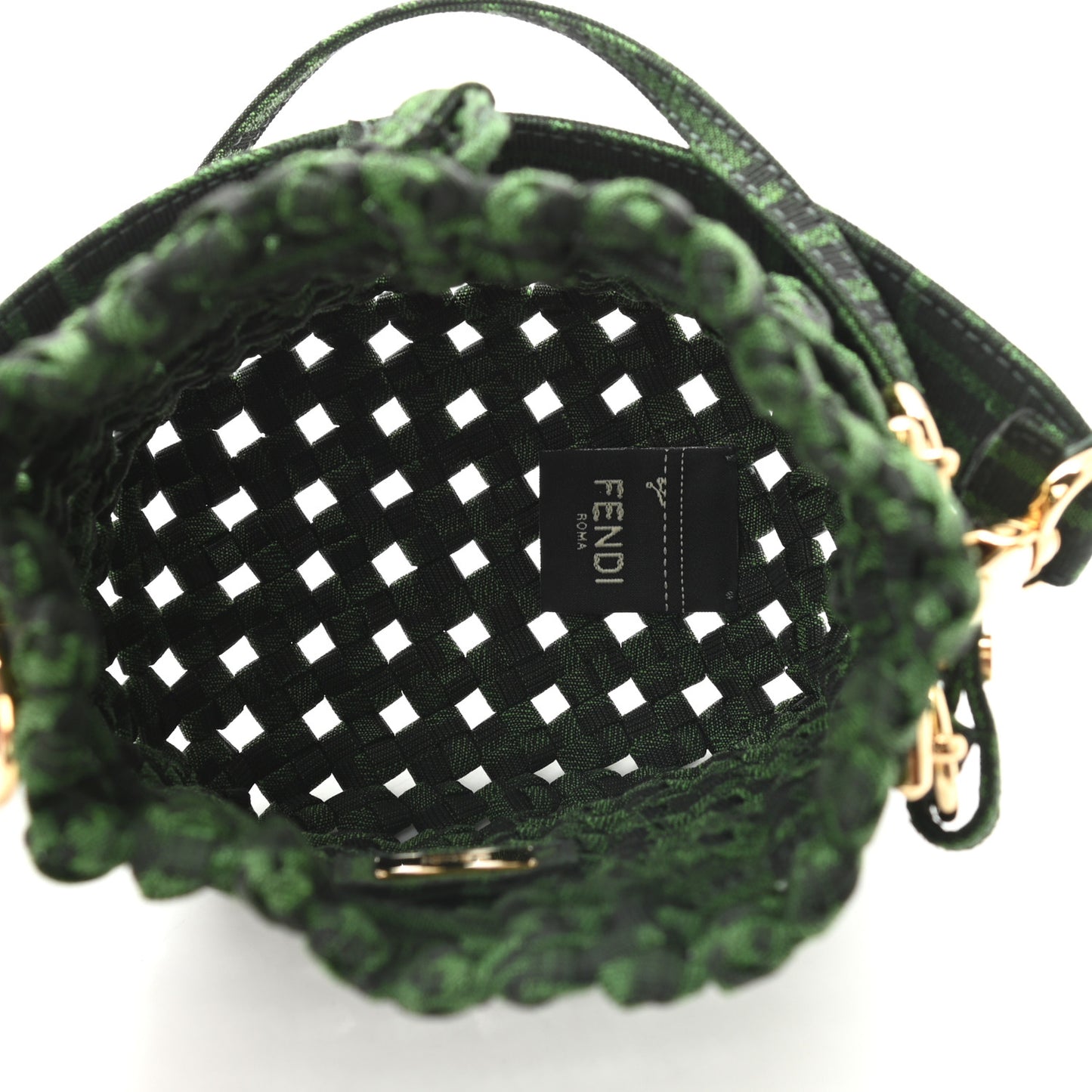 Fabric Jacquard F is Fendi FF 1974 Woven Knotted Mini Mon Tresor Bucket Bag Verde Black