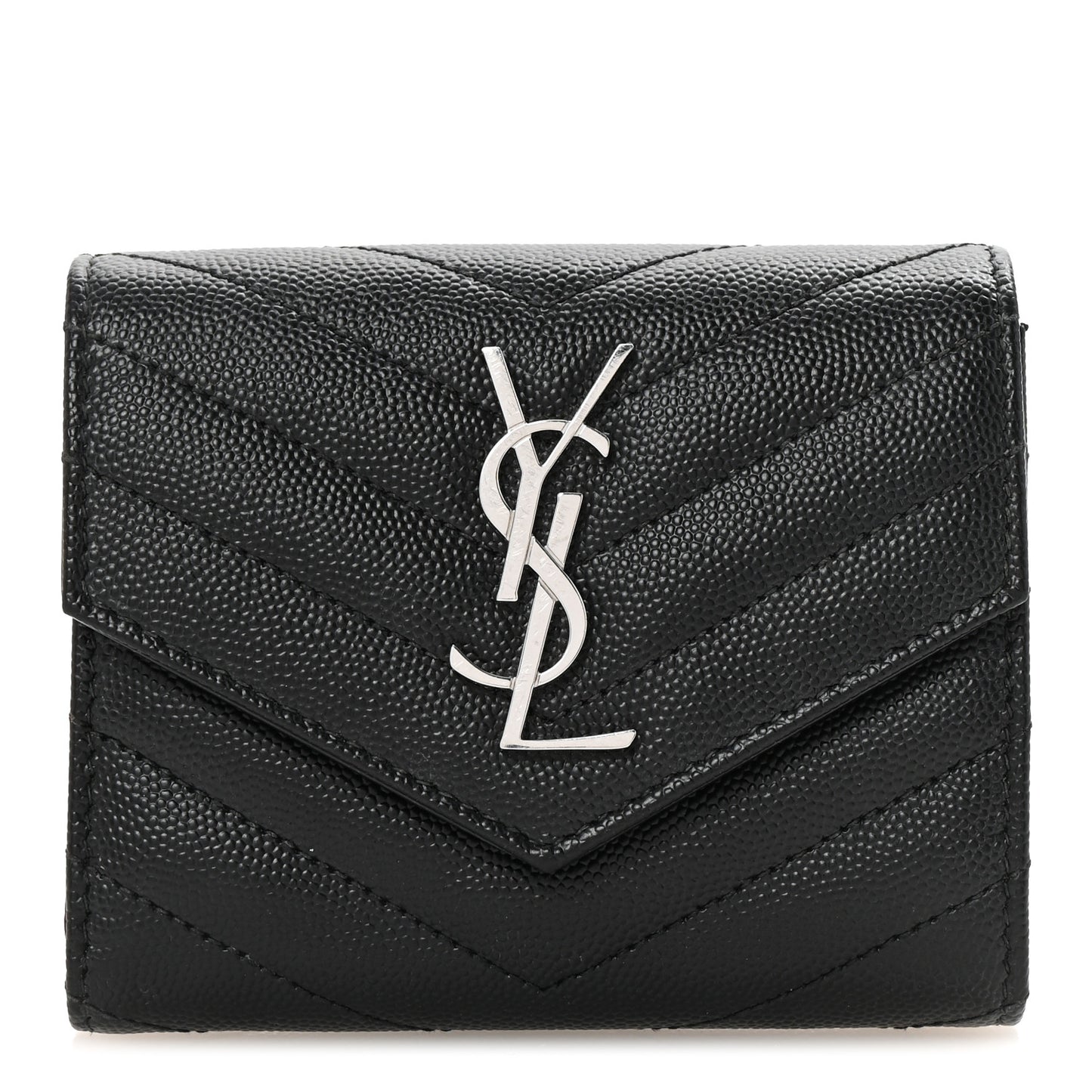 Grain De Poudre Matelasse Chevron Monogram Compact Tri Fold Wallet Black