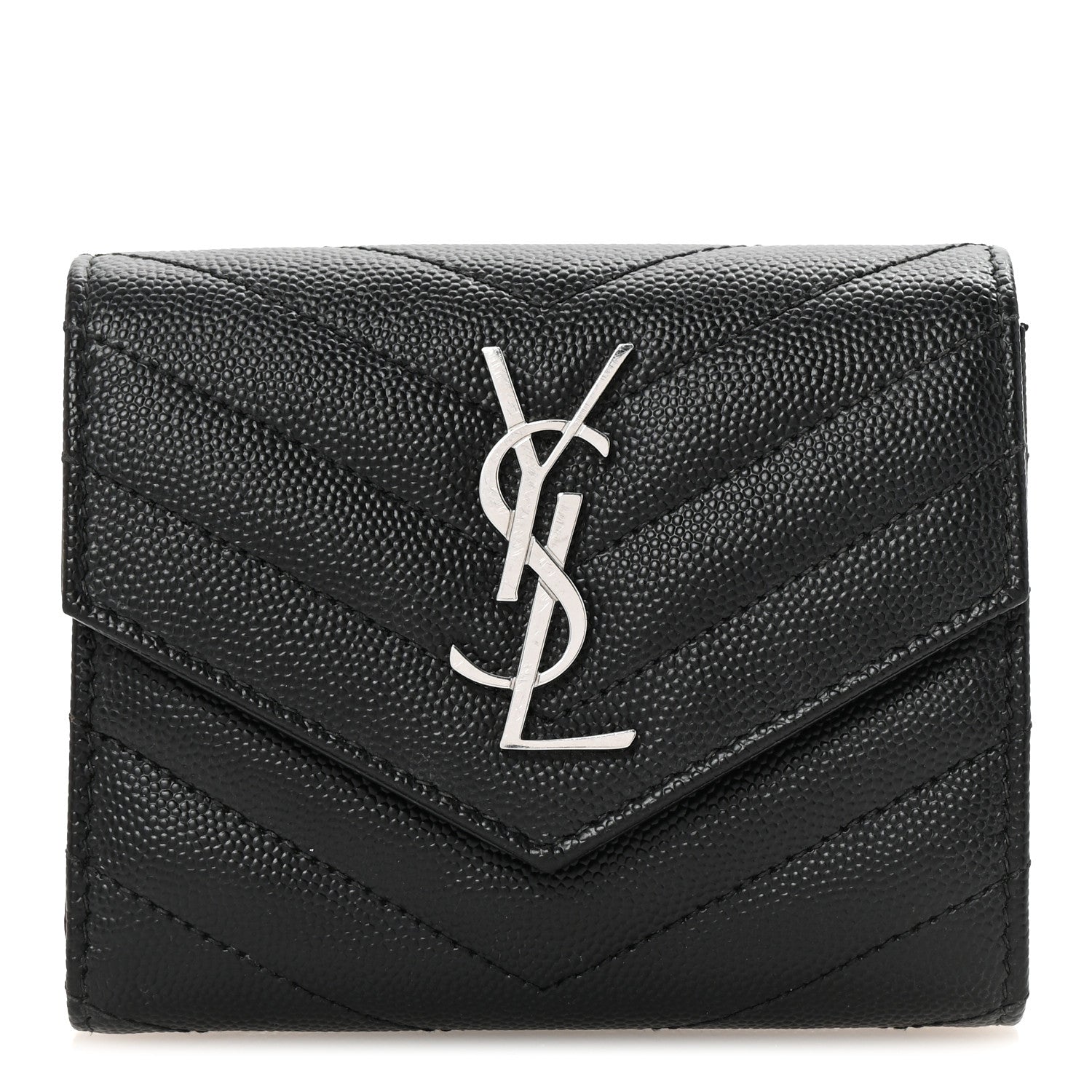 Saint Laurent Grain De Poudre Matelasse Chevron Monogram Compact Tri Fold Wallet Black 1 of 7