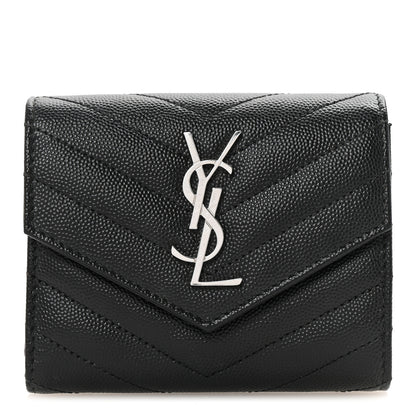 Saint Laurent Grain De Poudre Matelasse Chevron Monogram Compact Tri Fold Wallet Black 1 of 7