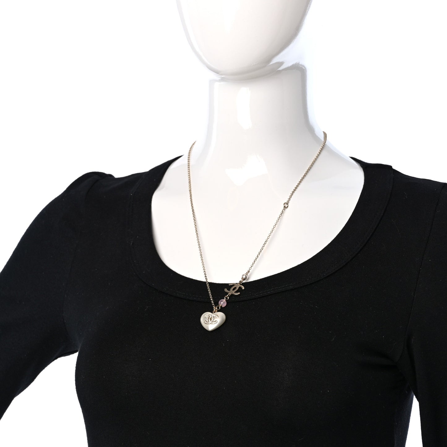 Resin Crystal CC Heart Necklace Pearly White Gold