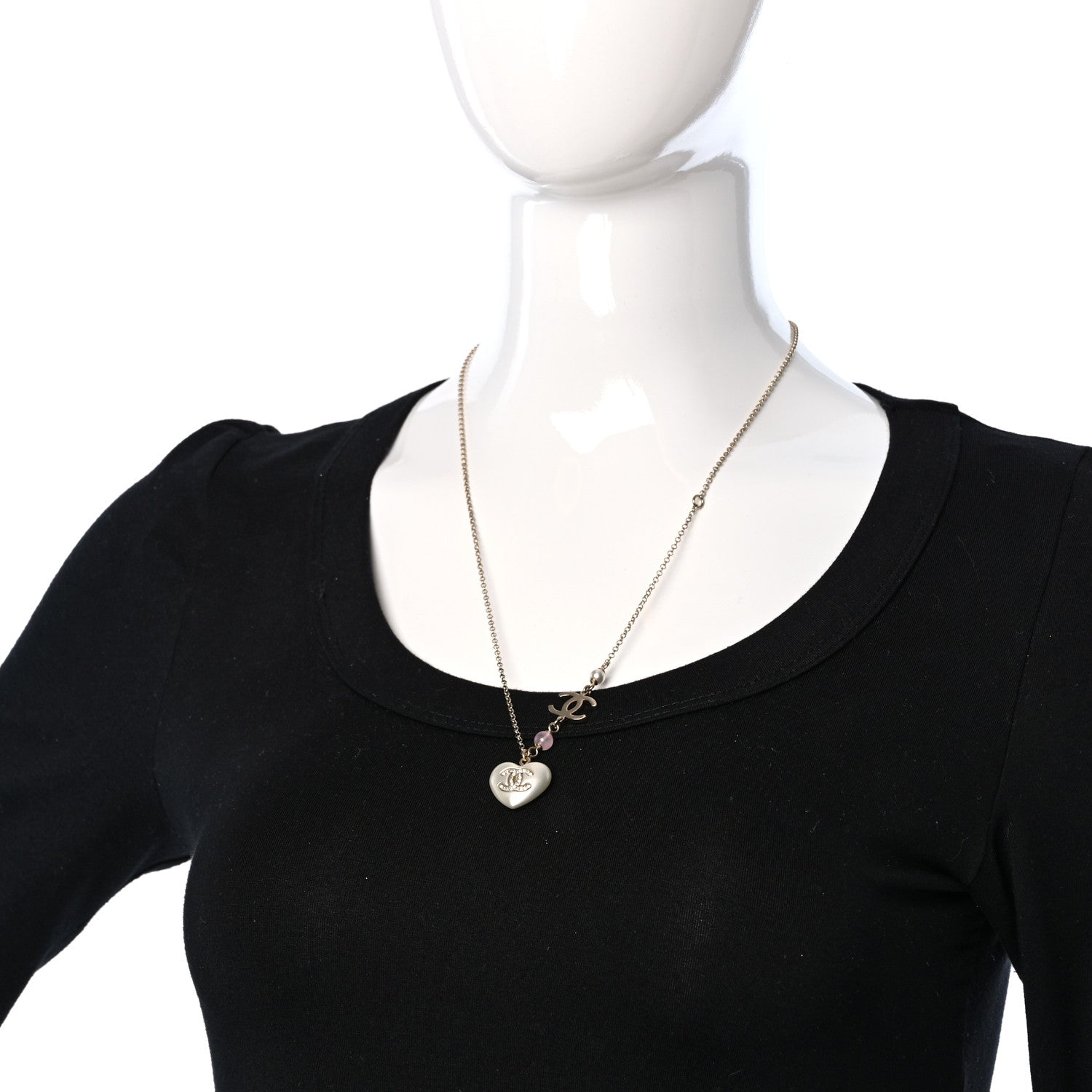 Chanel Resin Crystal CC Heart Necklace Pearly White Gold 2 of 7