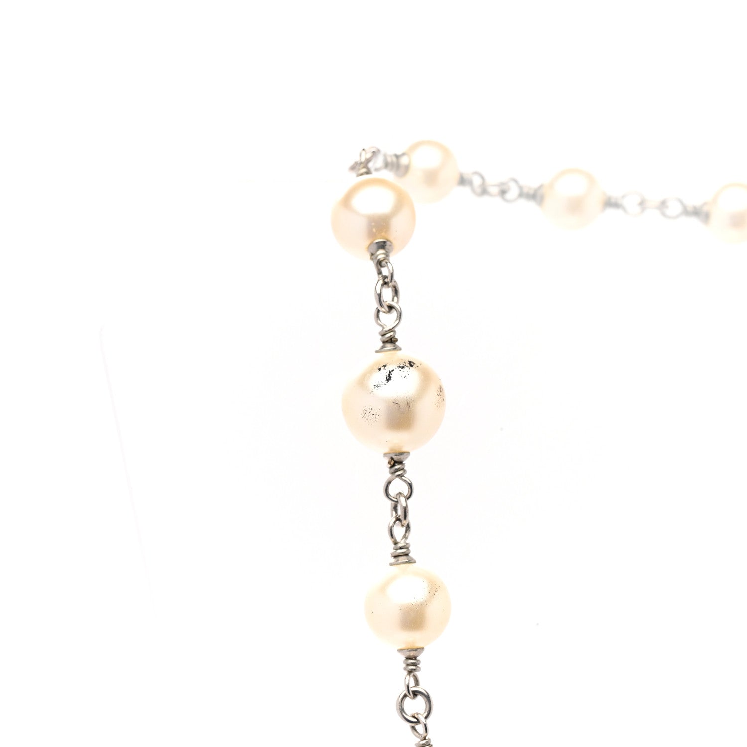 Chanel Graduated Pearl Crystal CC Long Necklace Silver 7 of 7