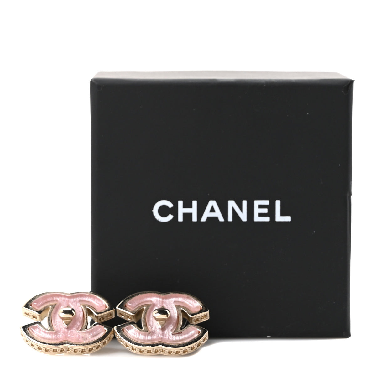 Metal Resin CC Turnlock Stud Earrings Gold Pink