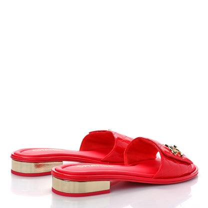 Chanel Patent Goatskin Quilted CC Sandals 40 Red 3 of 9