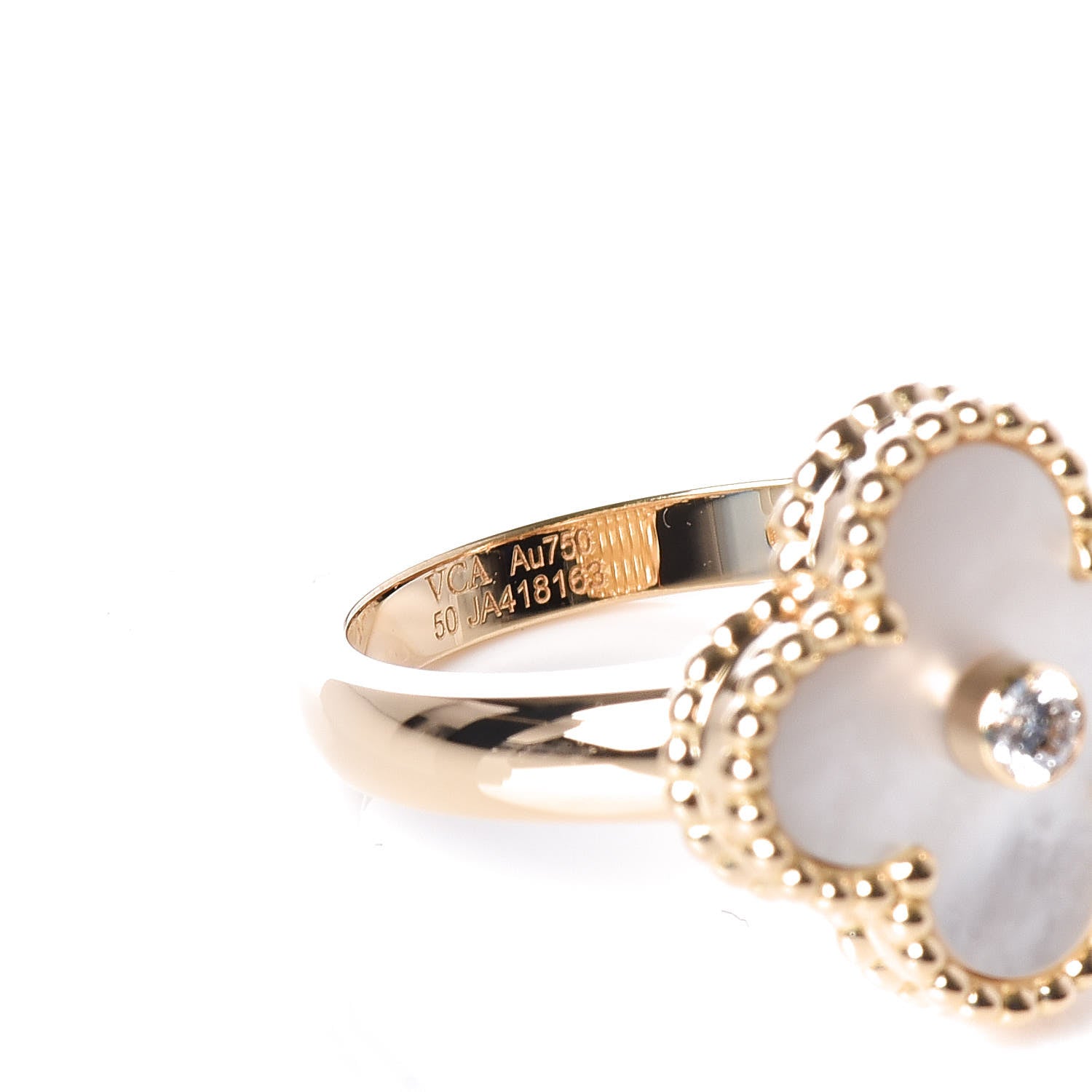 Van Cleef & Arpels 18K Yellow Gold Diamond Mother of Pearl Vintage Alhambra Ring 50 5.25 5 of 6