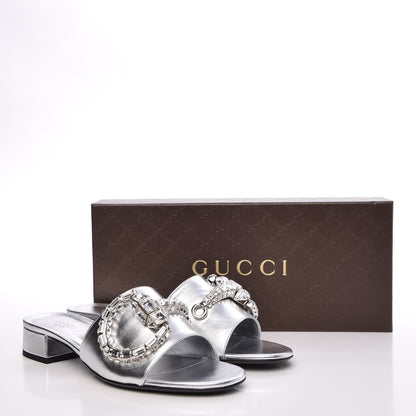 Gucci Metallic Nappa Crystal Maxine Horsebit Slide Sandals 38.5 Silver 9 of 9