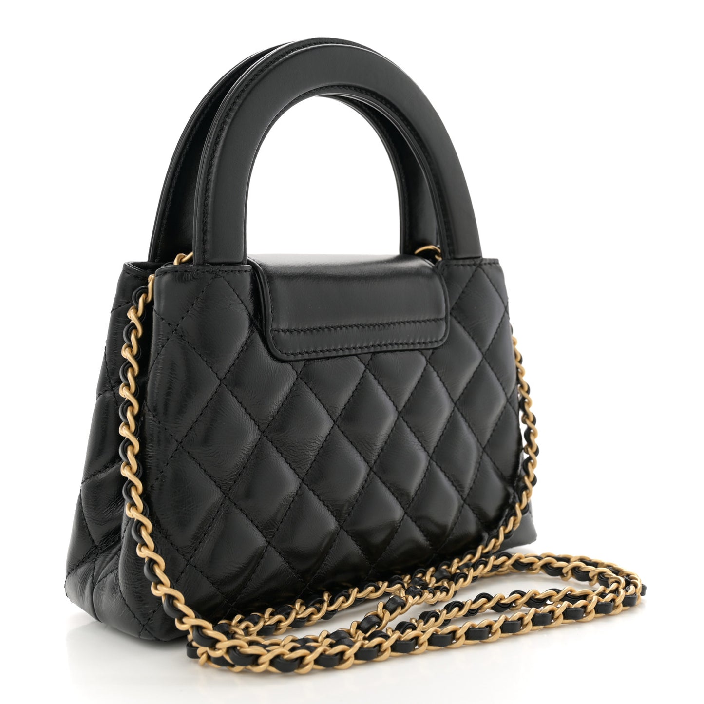 Shiny Aged Calfskin Quilted Nano Kelly Shopper Black