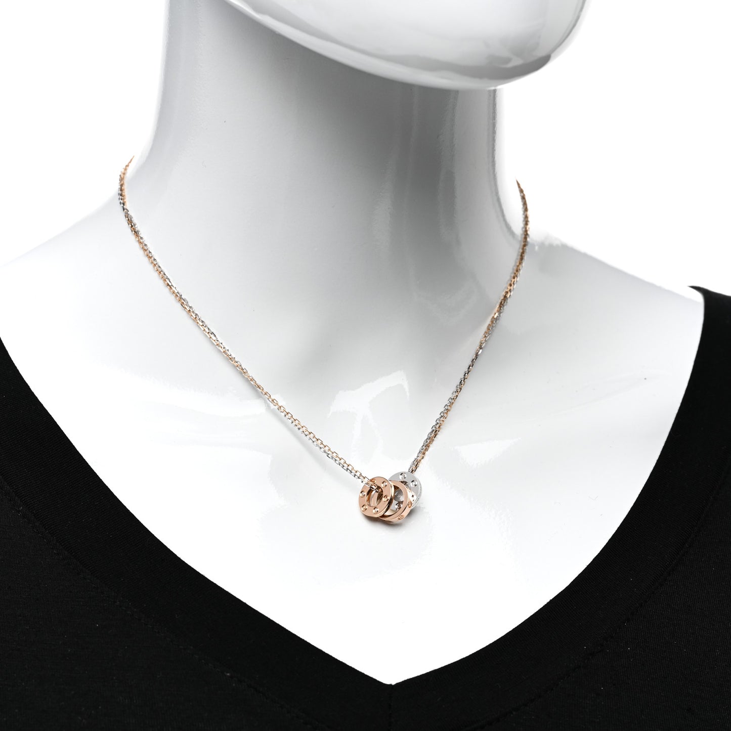 18K White Pink Gold Diamond Three Ring LOVE Pendant Necklace