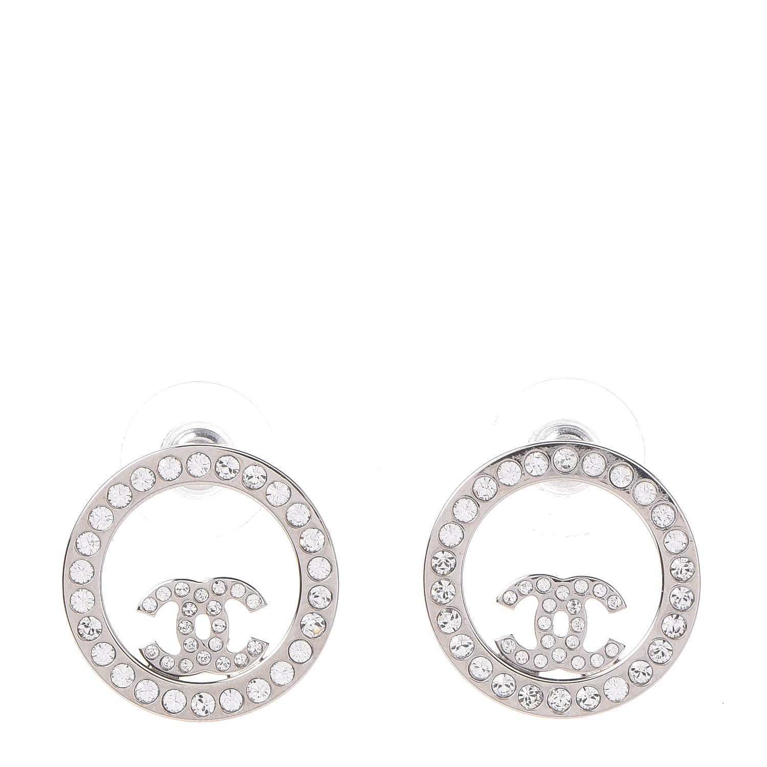 Chanel Crystal CC Round Earrings Silver 1 of 5