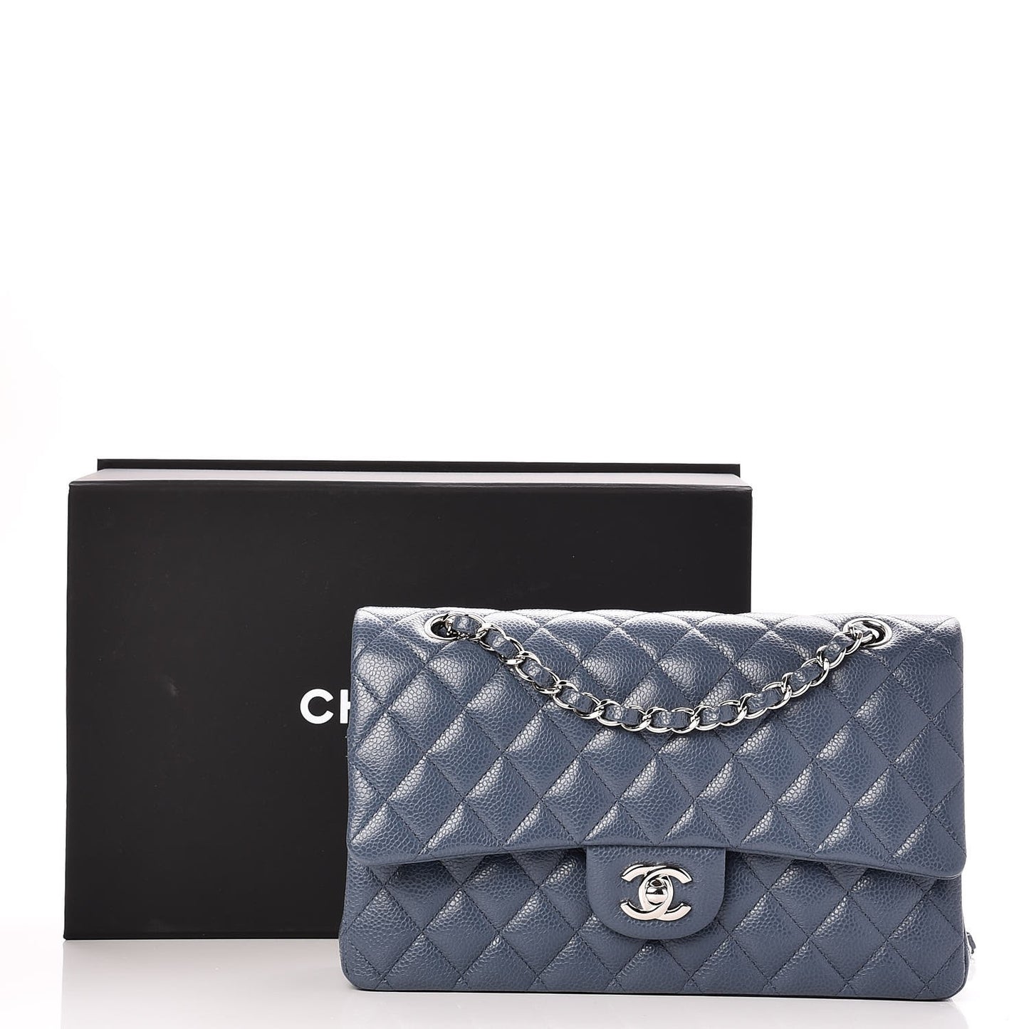 Caviar Quilted Medium Double Flap Blue