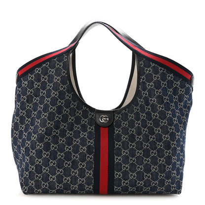 Gucci Denim GG Monogram Web Large Giglio Tote Blue 1 of 9