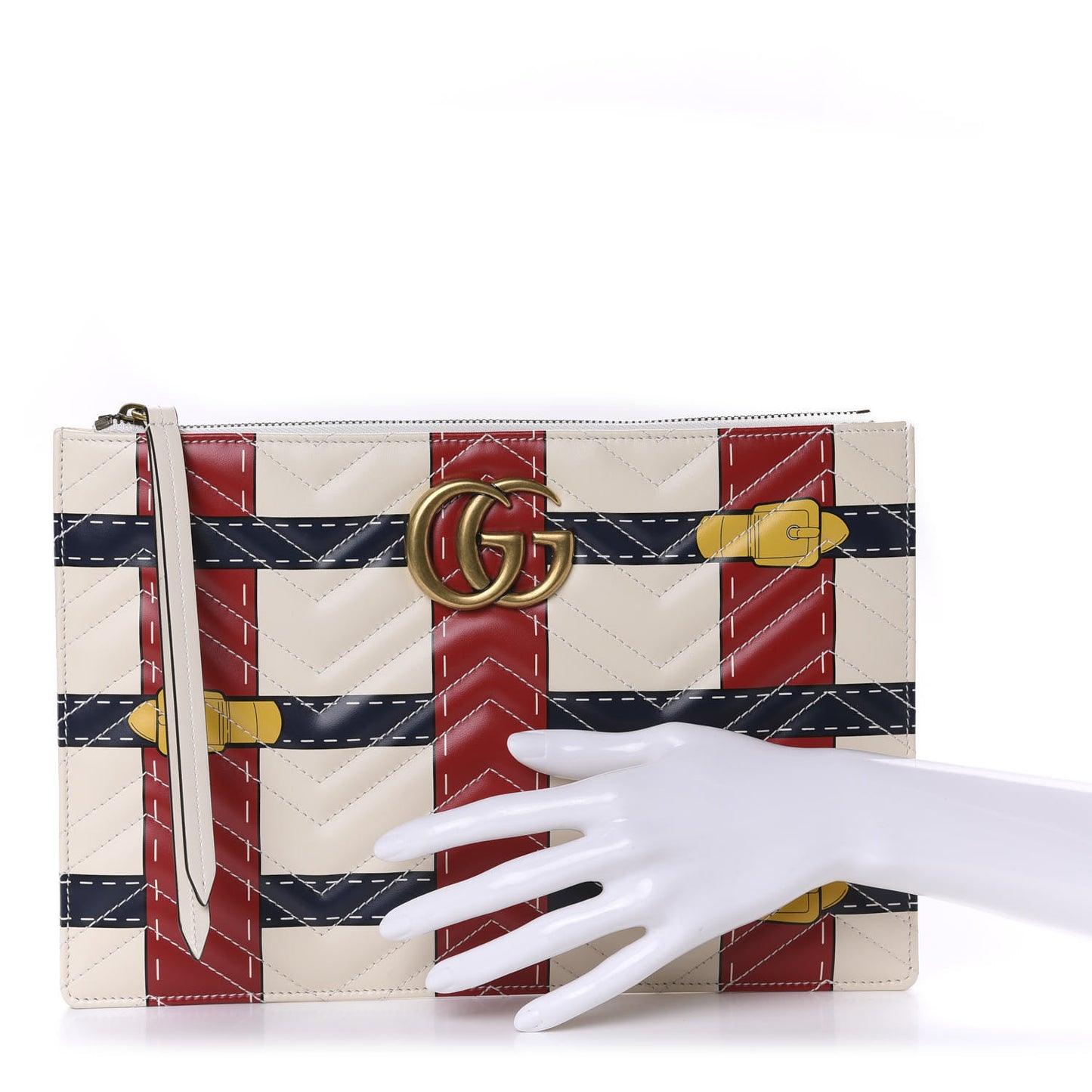 Calfskin Matelasse Trompe L'Oeil Print GG Marmont Zip Pouch White