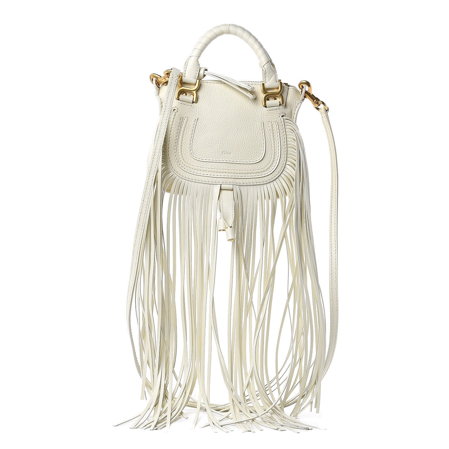 Chloe Shiny Small Grain Calfskin Mini Marcie Multi Fringe Satchel Natural White 1 of 13