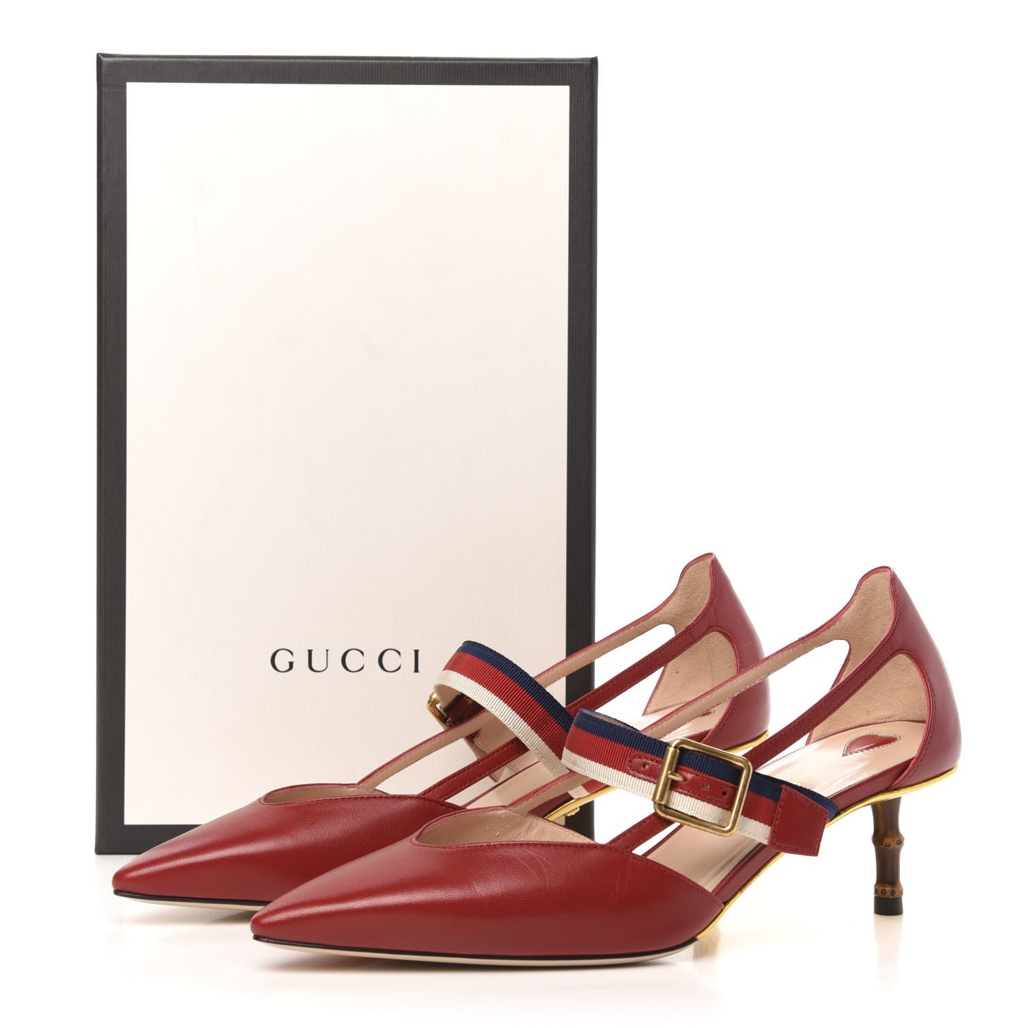 Gucci Malaga Kid Grosgrain Sylvie Web Bamboo Low Heel Pumps 38 Red 8 of 8