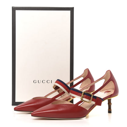 Gucci Malaga Kid Grosgrain Sylvie Web Bamboo Low Heel Pumps 38 Red 8 of 8