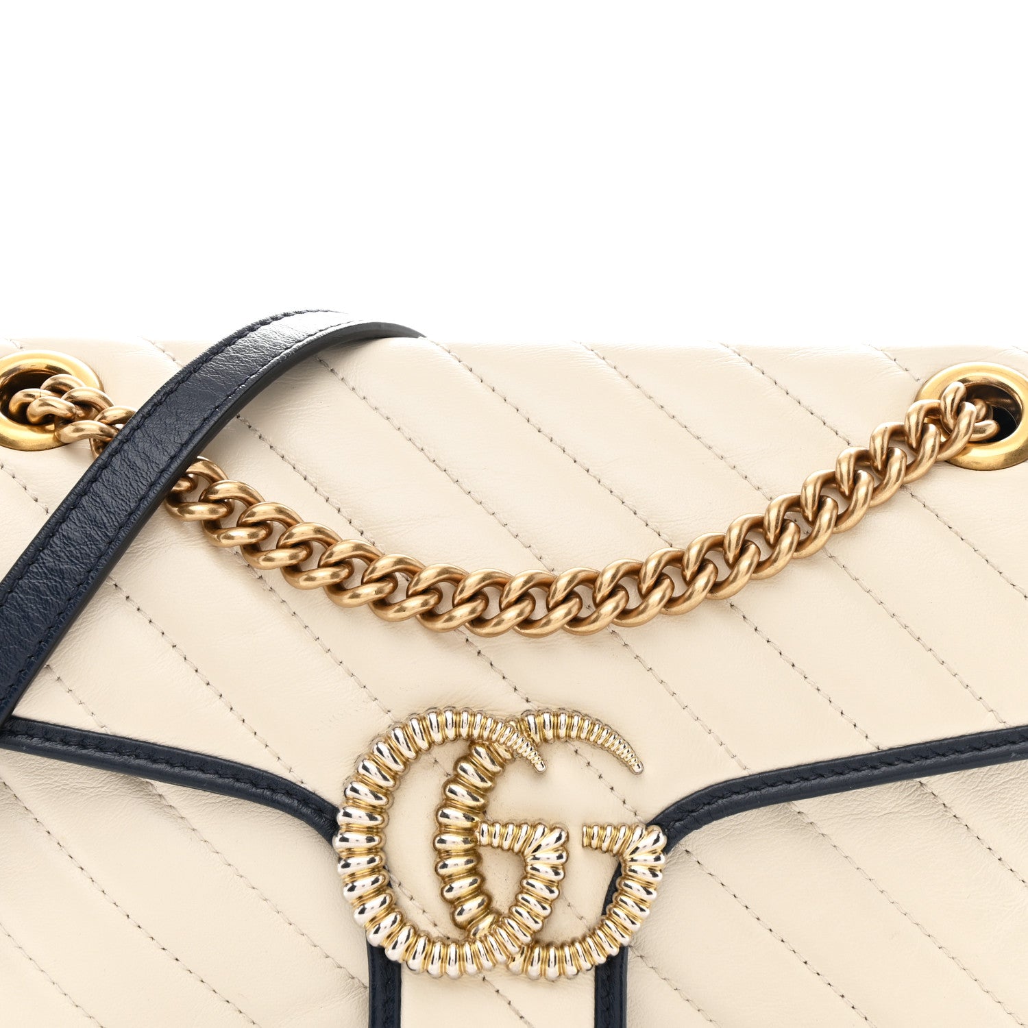 Gucci Vintage Effect Calfskin Matelasse Diagonal Small Torchon GG Marmont Shoulder Bag Mystic White Blue Agata 8 of 10