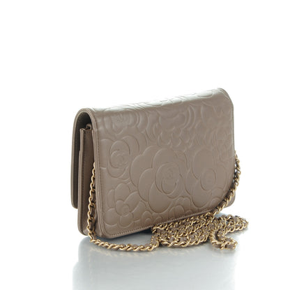 Chanel Lambskin Camellia Embossed Wallet on Chain WOC Beige 3 of 8